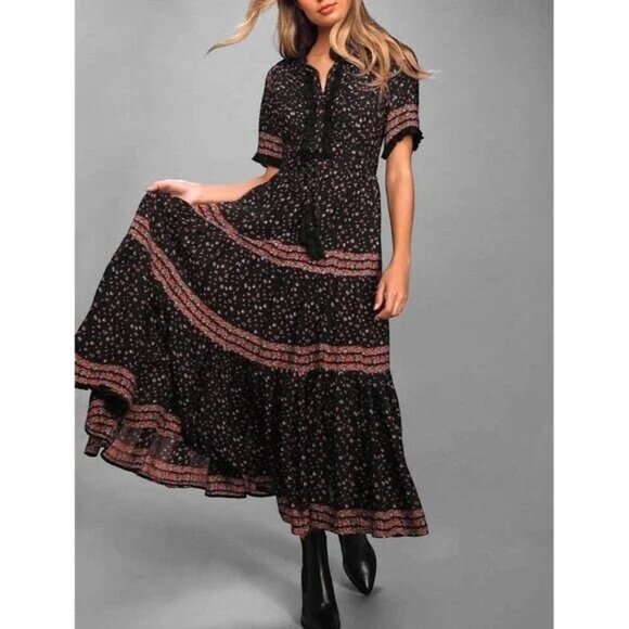 Free People Black Rare Feeling Tiered Floral Maxi Dress Size L - Picture 2 of 7